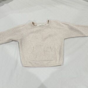 Zara Cream Ribbed Crewneck Sweater with Front Pocket